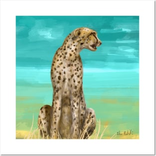 Painting of a Cheetah in Nature, Vibrant Blue Colors in Background Posters and Art